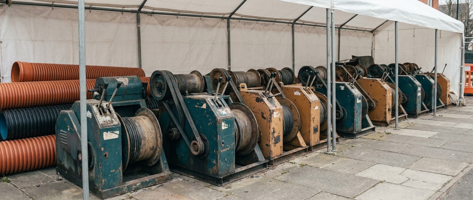powered cable feeder with paired drive belts в ряду на площадке
